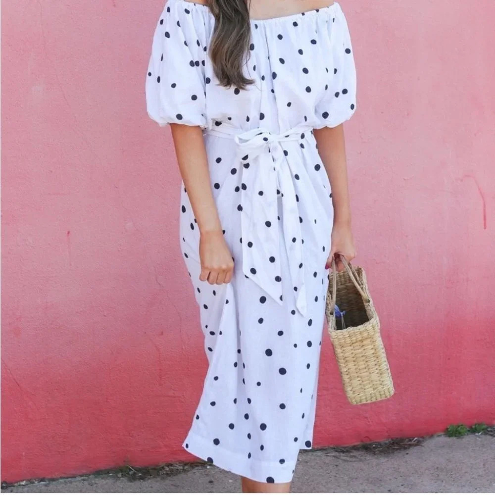 NWT Stateside Belted Off Shoulder Polka Dot Mid Calf Dress White Small Linen